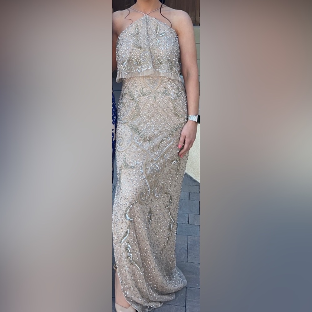 Aidan Mattox Cold-Shoulder Beaded Gown. Light gold.